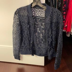 Tahari floral appliqué navy bomber w zipper